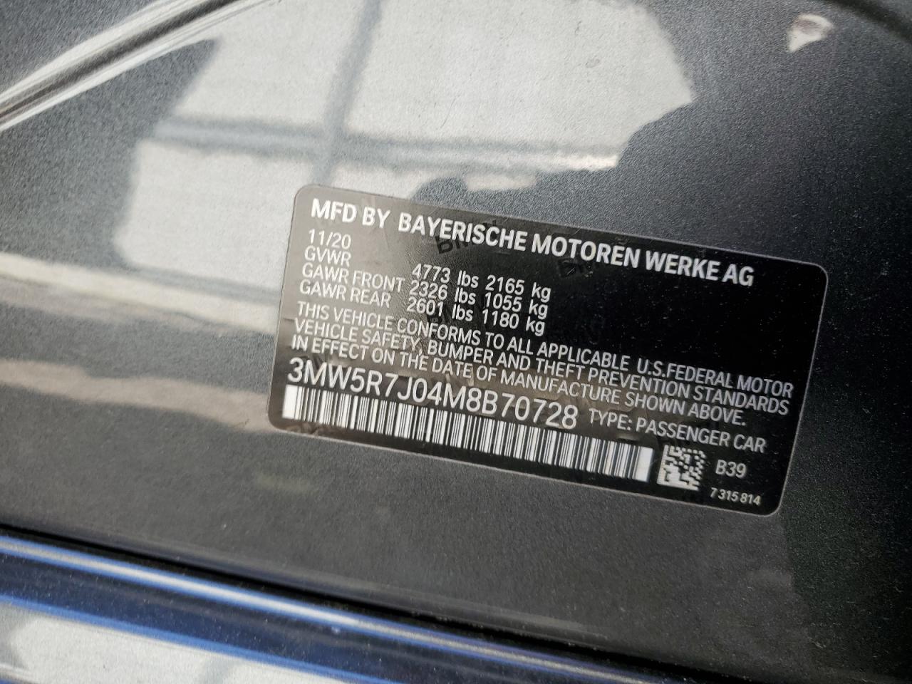 3MW5R7J04M8B70728 2021 BMW 330Xi