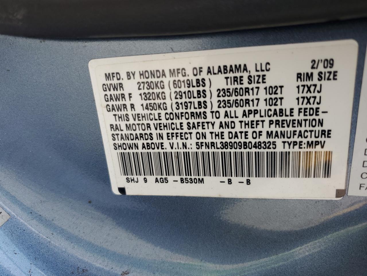 5FNRL38909B048325 2009 Honda Odyssey Touring