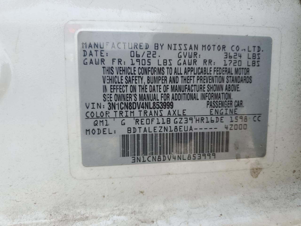 3N1CN8DV4NL853999 2022 Nissan Versa S