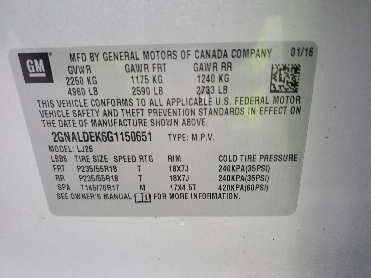 2GNALDEK6G1150651 2016 Chevrolet Equinox Ltz