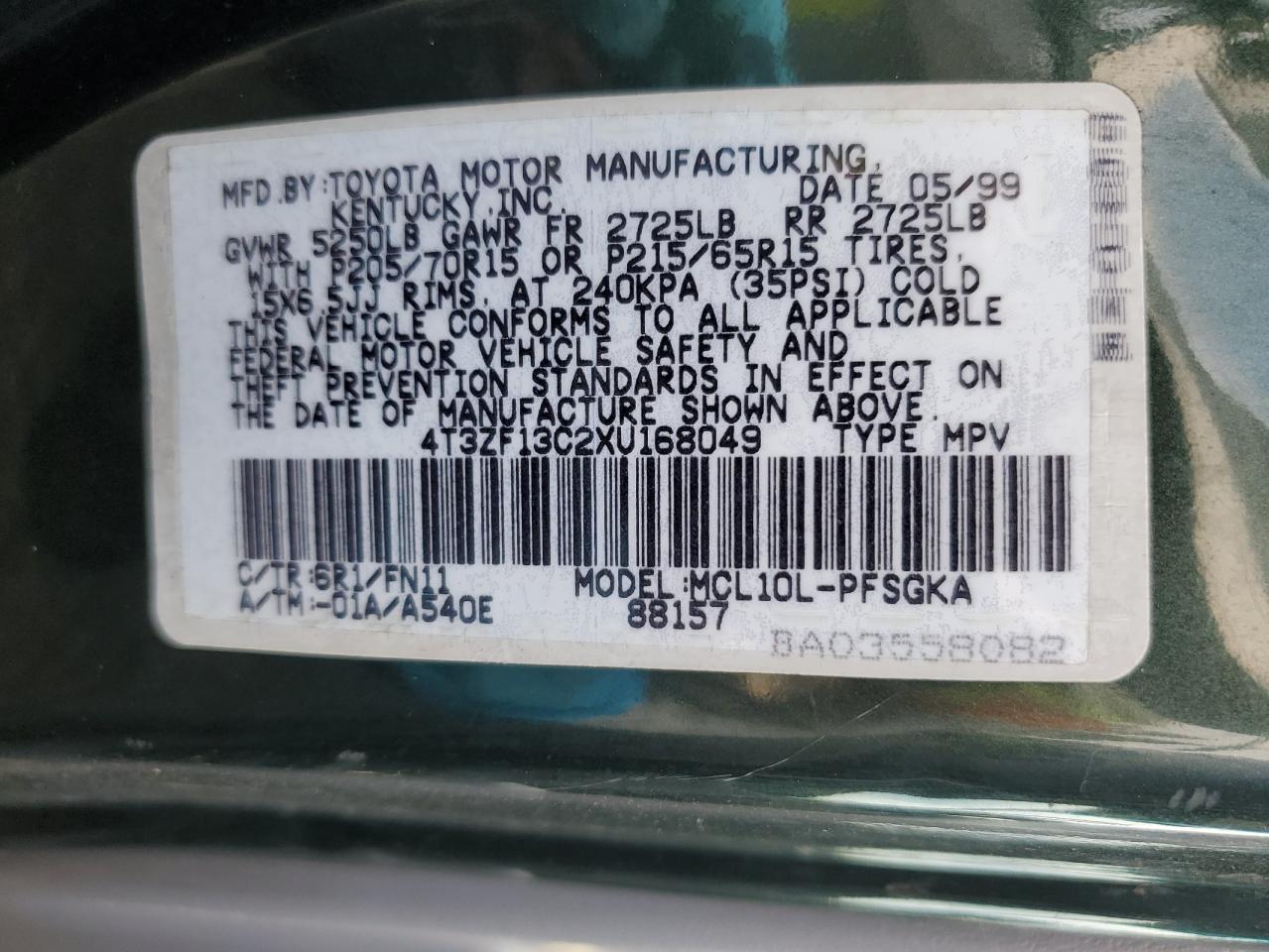 4T3ZF13C2XU168049 1999 Toyota Sienna Le