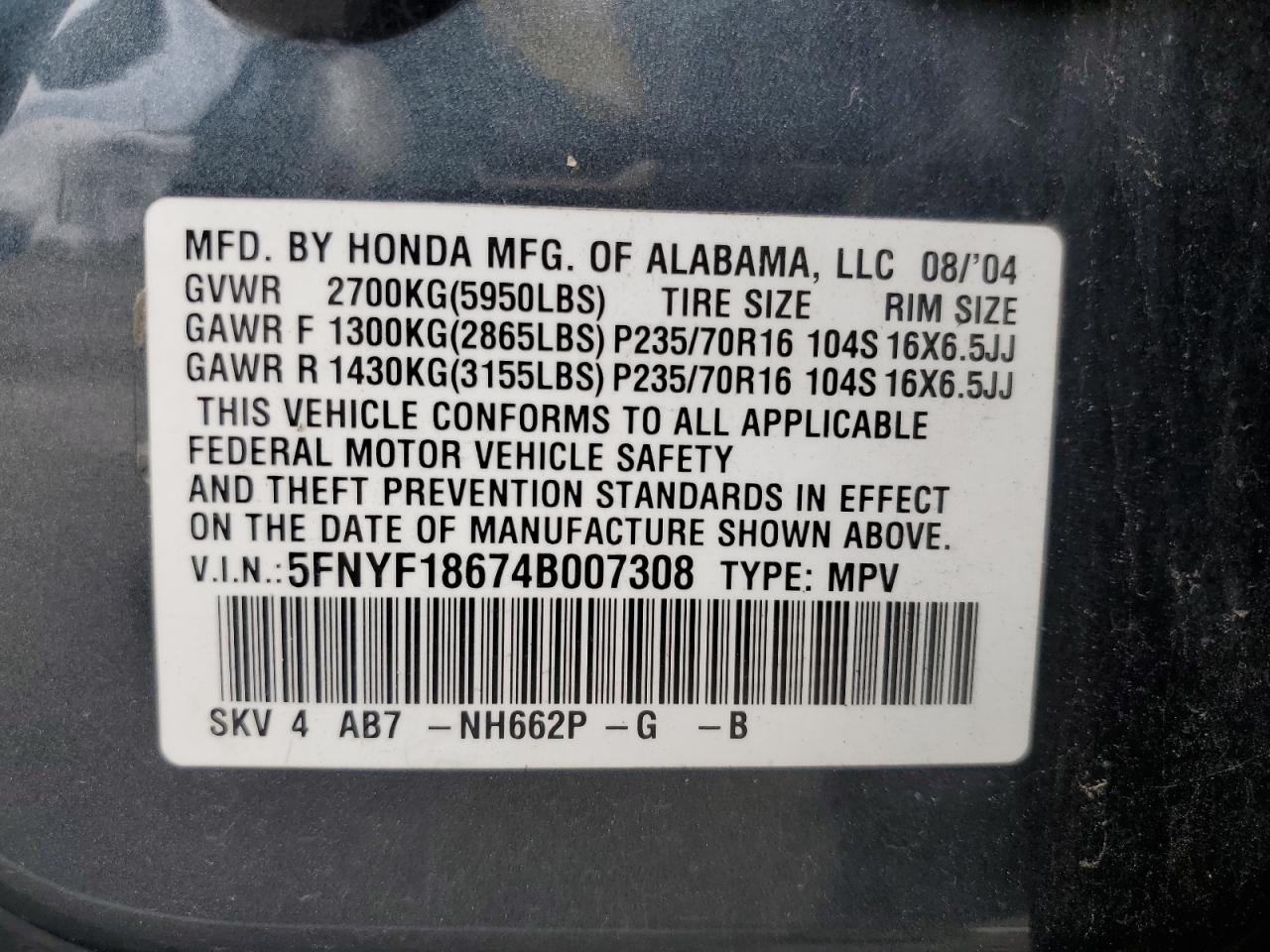 5FNYF18674B007308 2004 Honda Pilot Exl