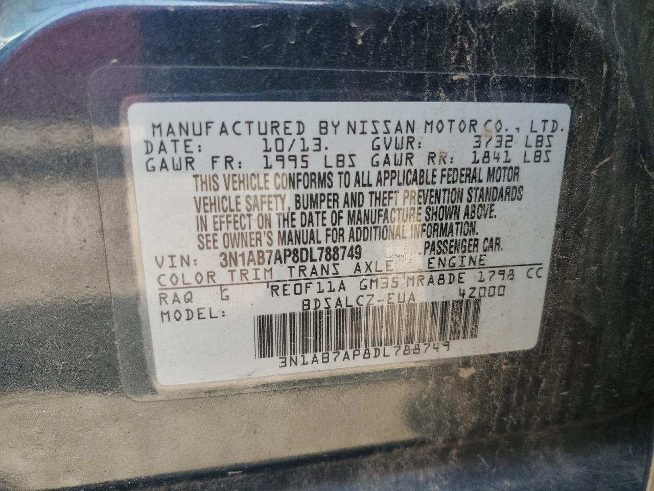 3N1AB7AP8DL788749 2013 Nissan Sentra S