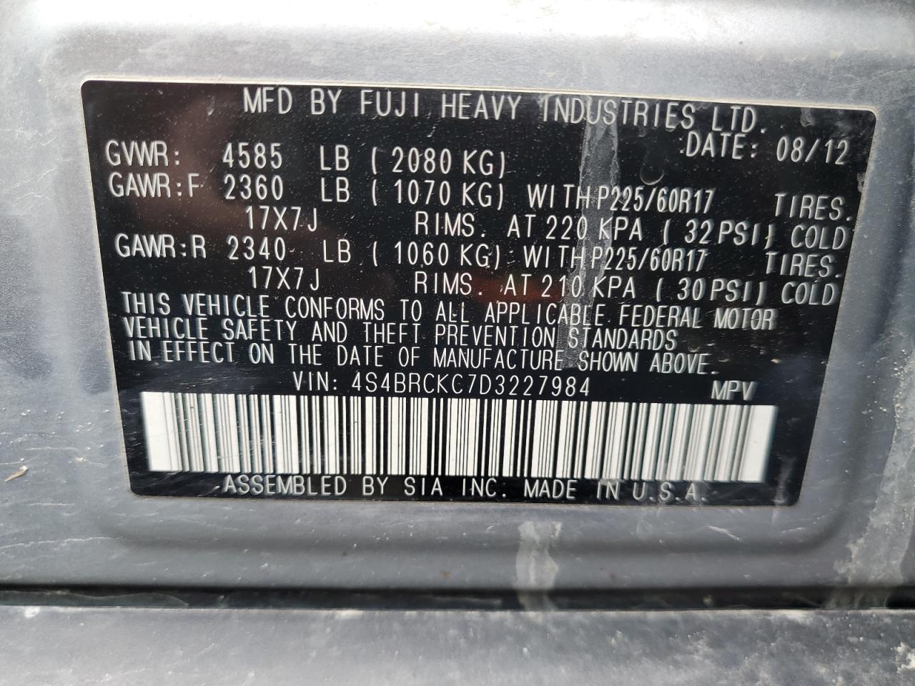 2013 Subaru Outback 2.5I Limited vin: 4S4BRCKC7D3227984