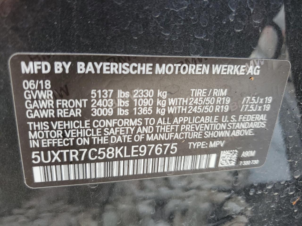 5UXTR7C58KLE97675 2019 BMW X3 Sdrive30I