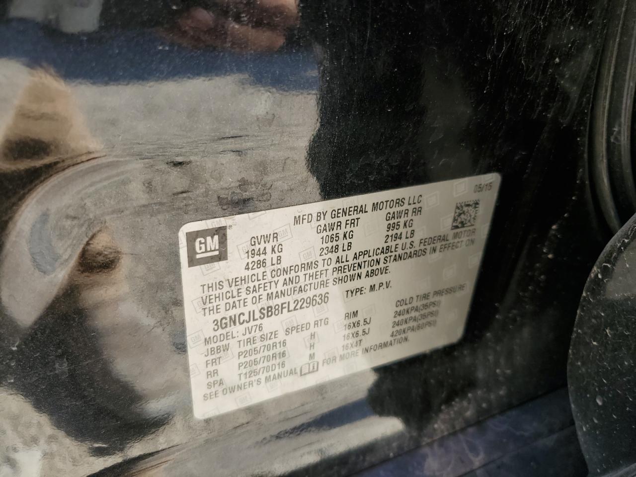 3GNCJLSB8FL229636 2015 Chevrolet Trax 1Lt