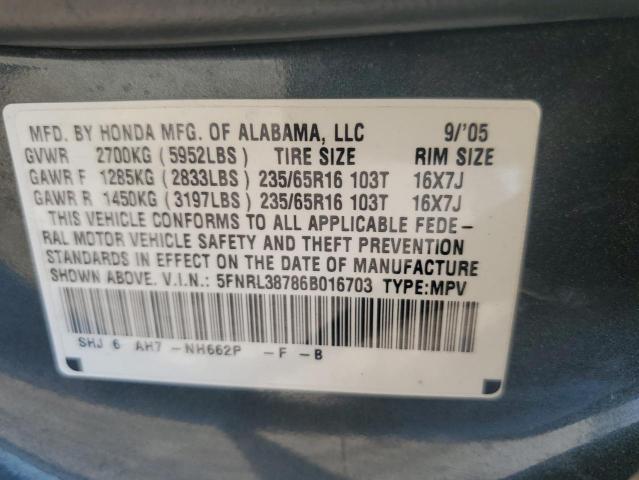 2006 Honda Odyssey Exl VIN: 5FNRL38786B016703 Lot: 56488924