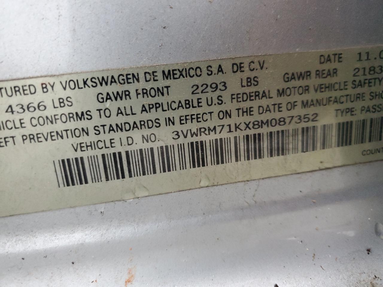 3VWRM71KX8M087352 2008 Volkswagen Jetta Se