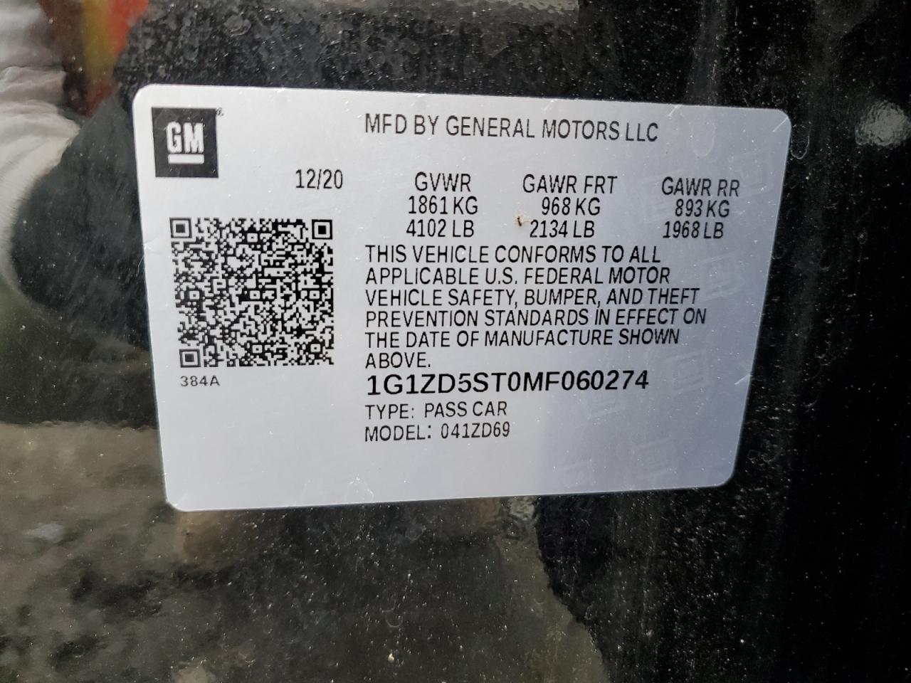 1G1ZD5ST0MF060274 2021 Chevrolet Malibu Lt