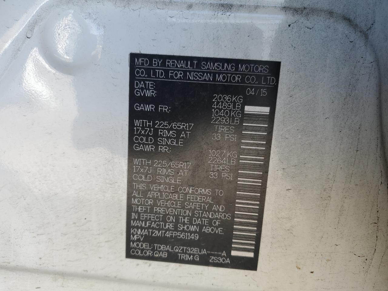 KNMAT2MT4FP561149 2015 Nissan Rogue S