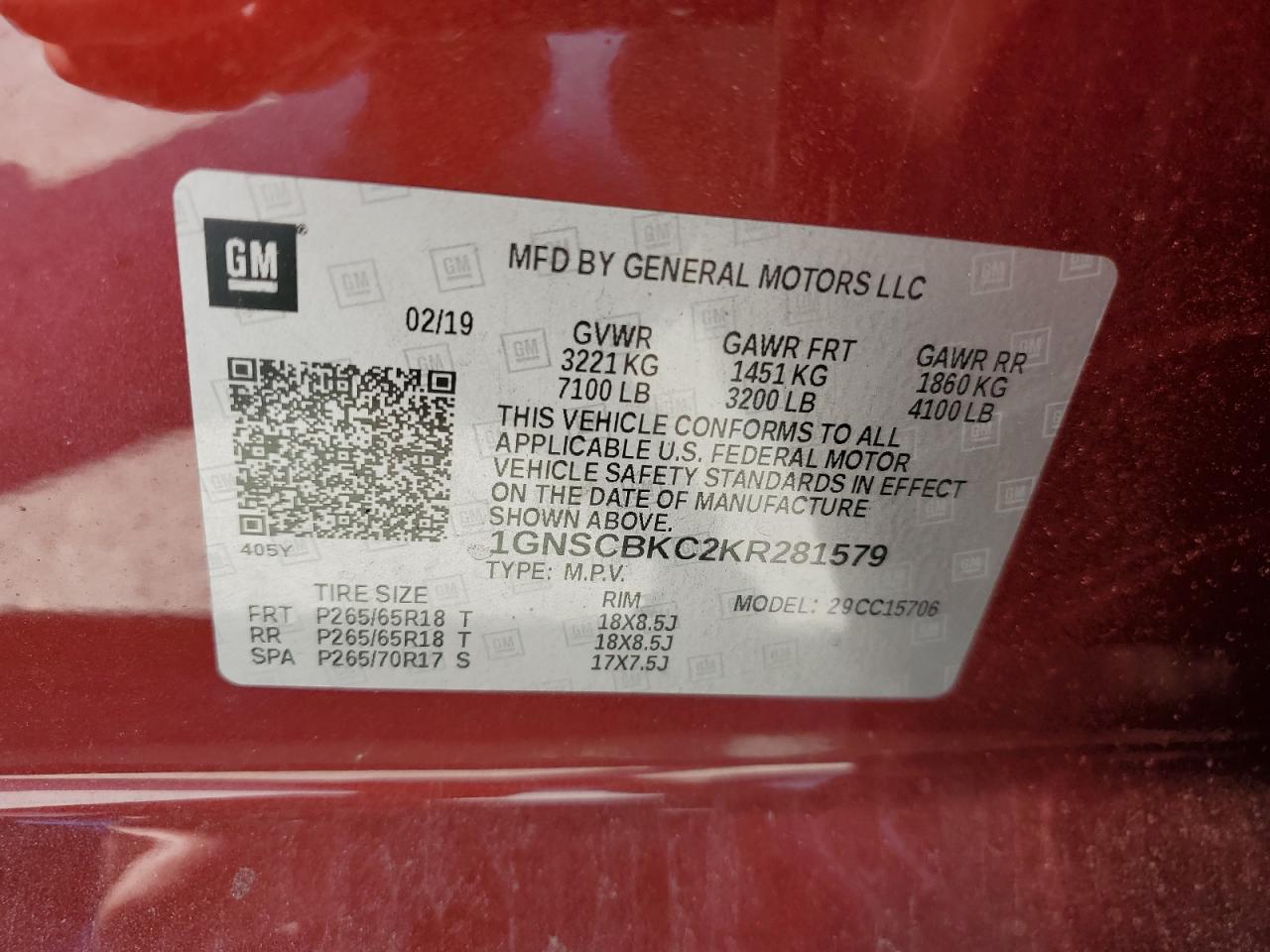 1GNSCBKC2KR281579 2019 Chevrolet Tahoe C1500 Lt