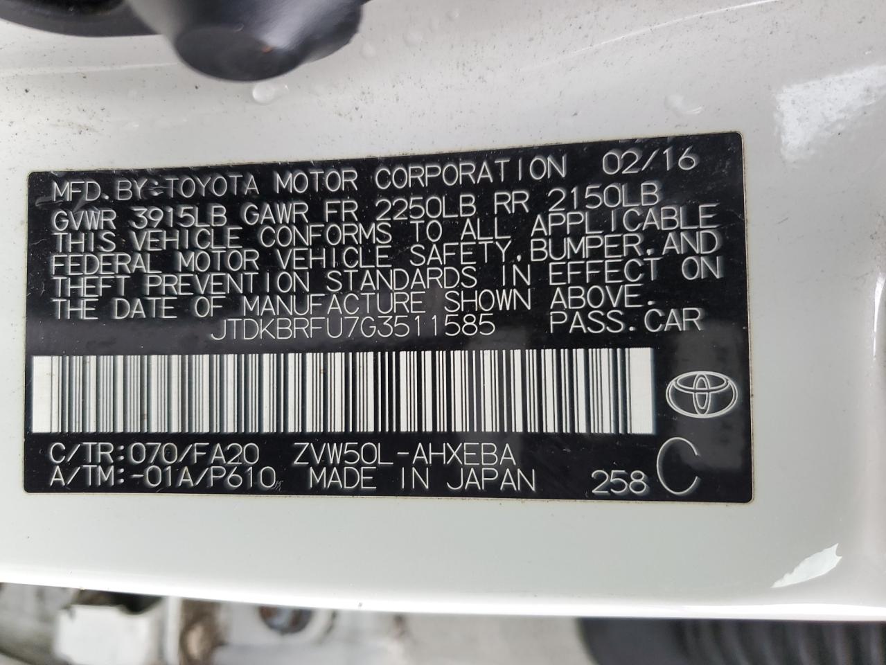 JTDKBRFU7G3511585 2016 Toyota Prius