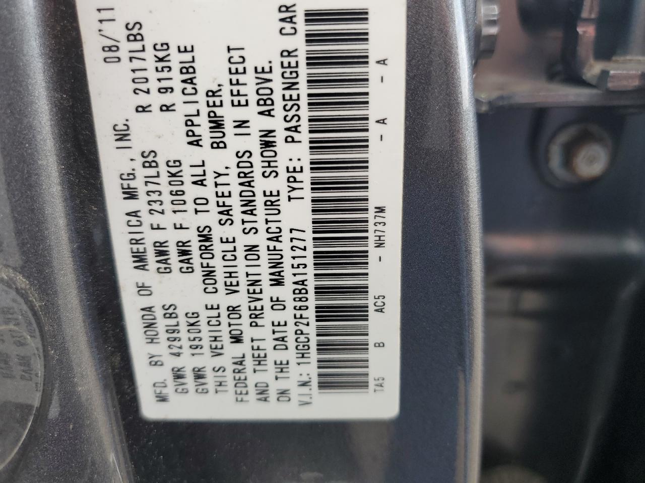 1HGCP2F68BA151277 2011 Honda Accord Se