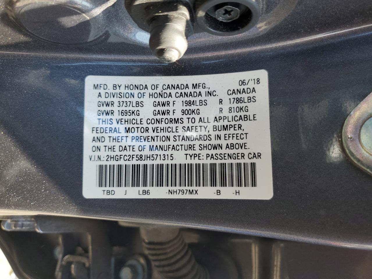 2HGFC2F58JH571315 2018 Honda Civic Lx