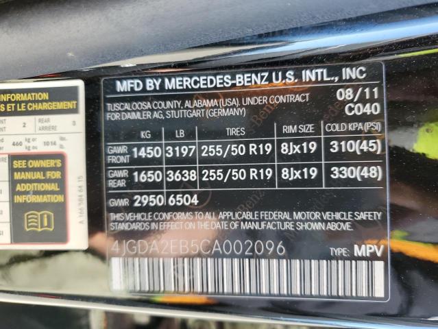 2012 Mercedes-Benz Ml 350 Bluetec VIN: 4JGDA2EB5CA002096 Lot: 55795544