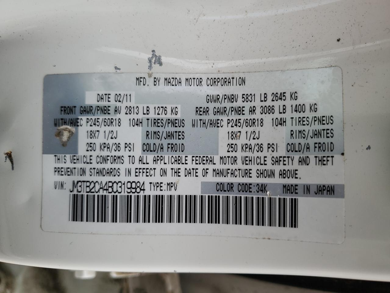 JM3TB2CA4B0319984 2011 Mazda Cx-9