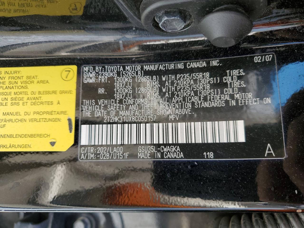 2T2HK31UX8C050157 2008 Lexus Rx 350