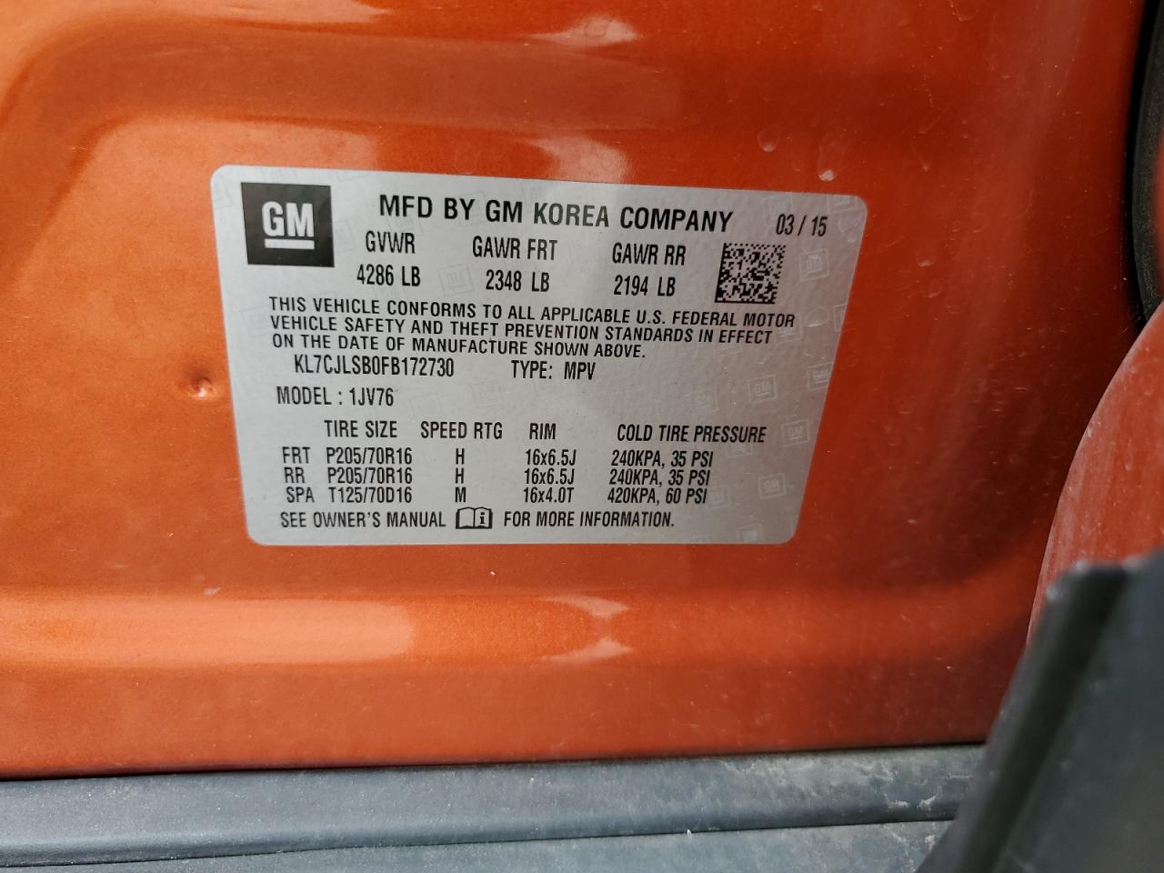 KL7CJLSB0FB172730 2015 Chevrolet Trax 1Lt