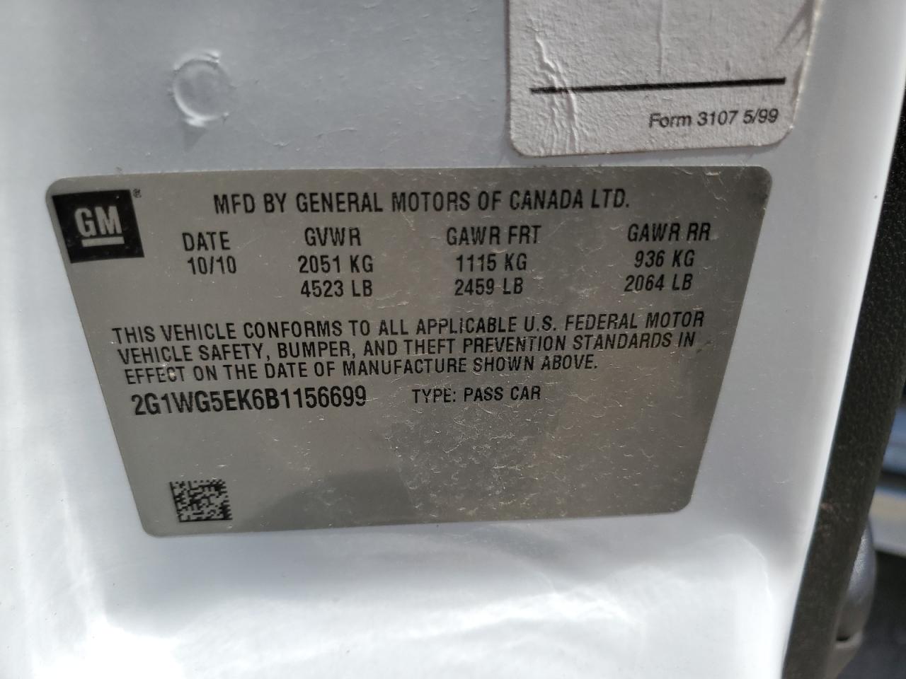 2G1WG5EK6B1156699 2011 Chevrolet Impala Lt