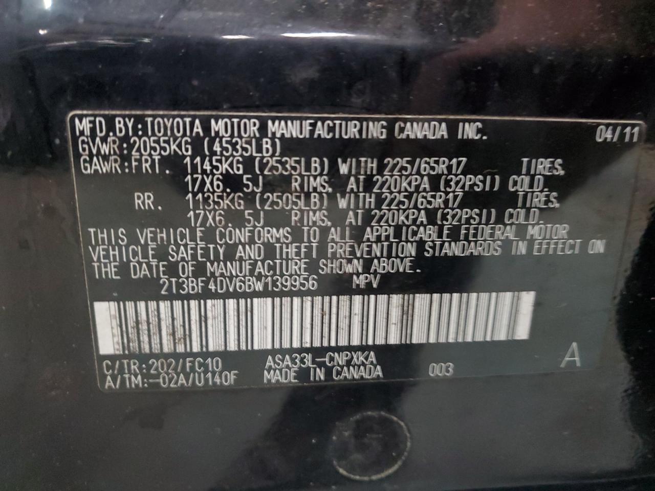 2T3BF4DV6BW139956 2011 Toyota Rav4