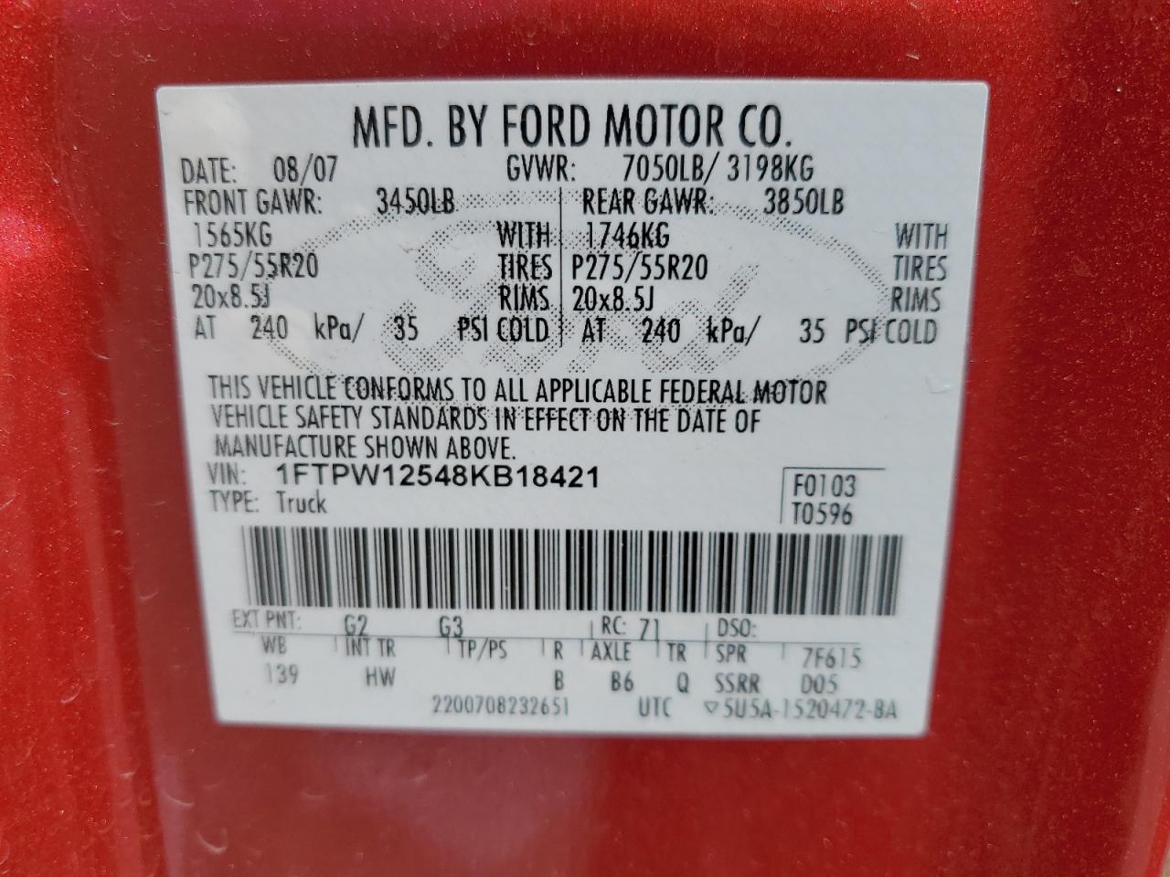 1FTPW12548KB18421 2008 Ford F150 Supercrew