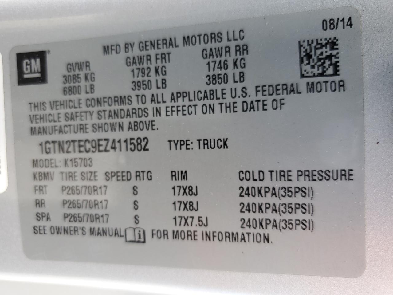 1GTN2TEC9EZ411582 2014 GMC Sierra K1500