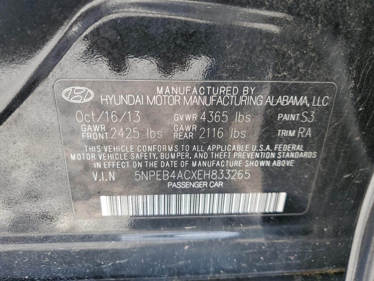 5NPEB4ACXEH833265 2014 Hyundai Sonata Gls