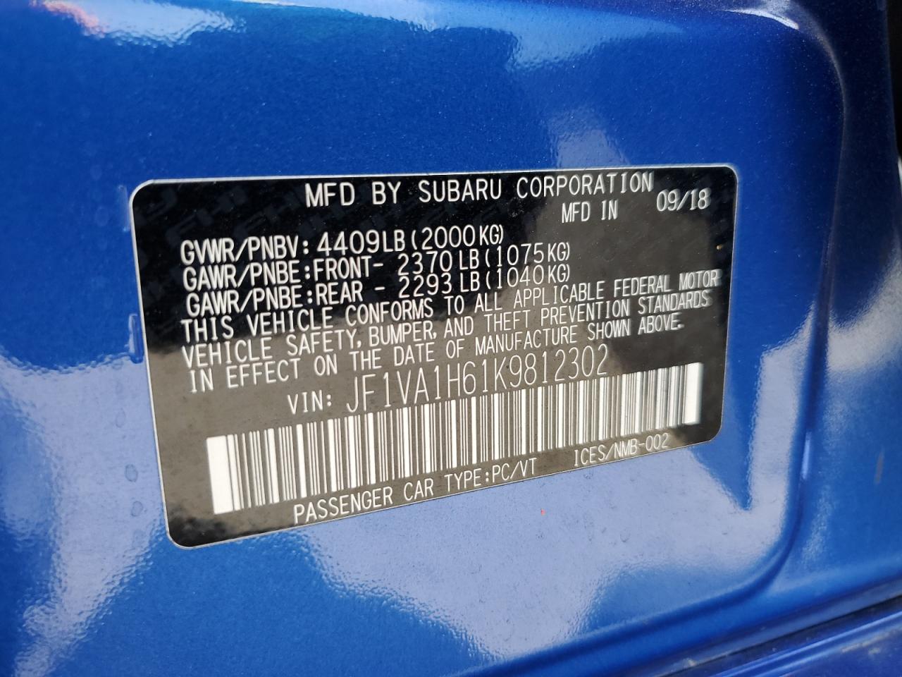 JF1VA1H61K9812302 2019 Subaru Wrx Limited