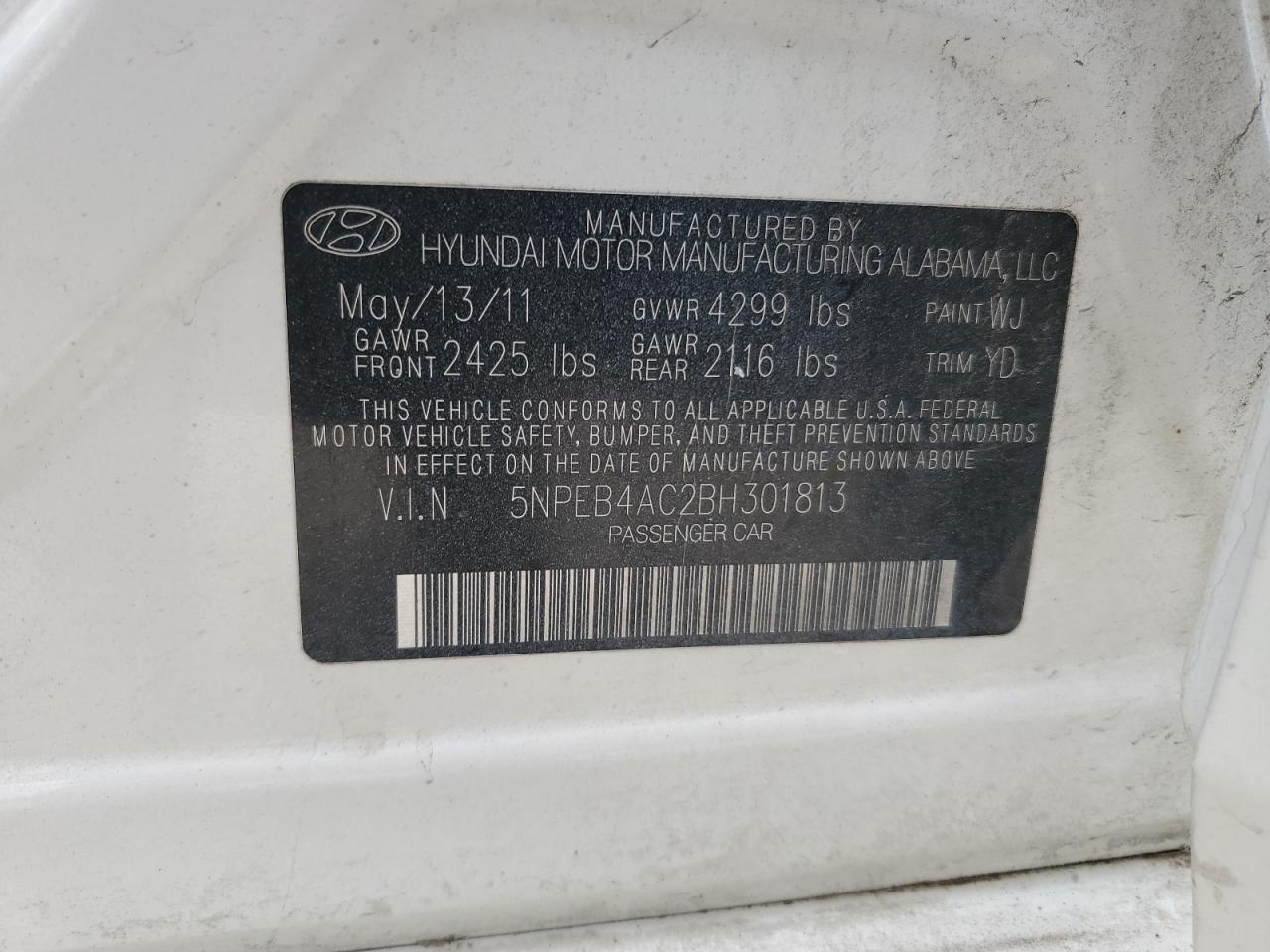 5NPEB4AC2BH301813 2011 Hyundai Sonata Gls