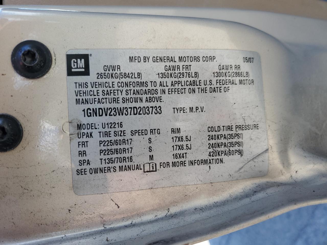 1GNDV23W37D203733 2007 Chevrolet Uplander Ls