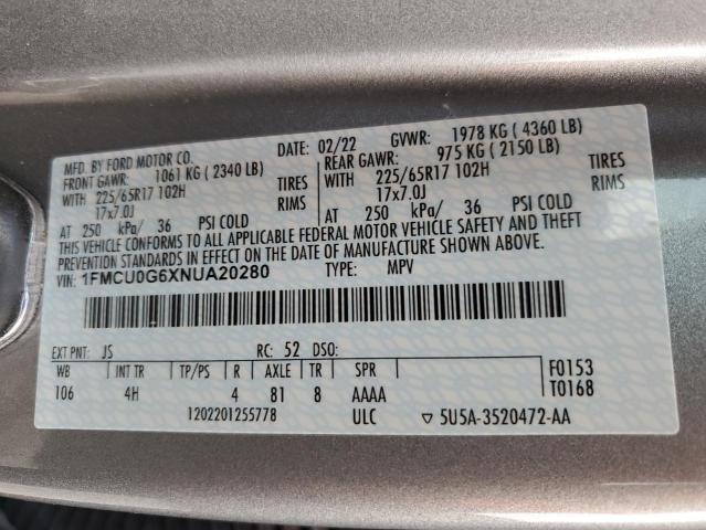 2022 Ford Escape Se VIN: 1FMCU0G6XNUA20280 Lot: 55640784