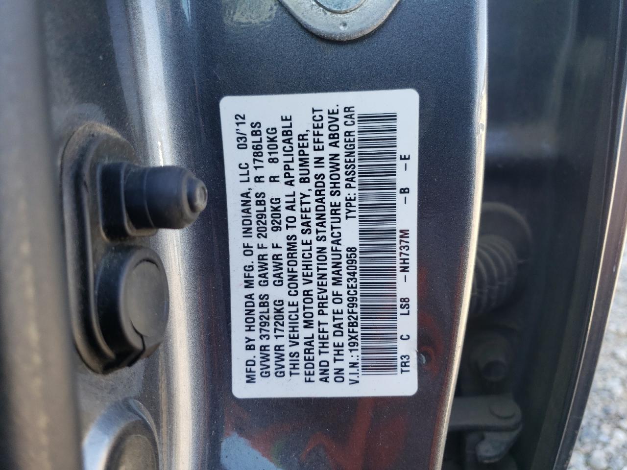 19XFB2F99CE340958 2012 Honda Civic Exl