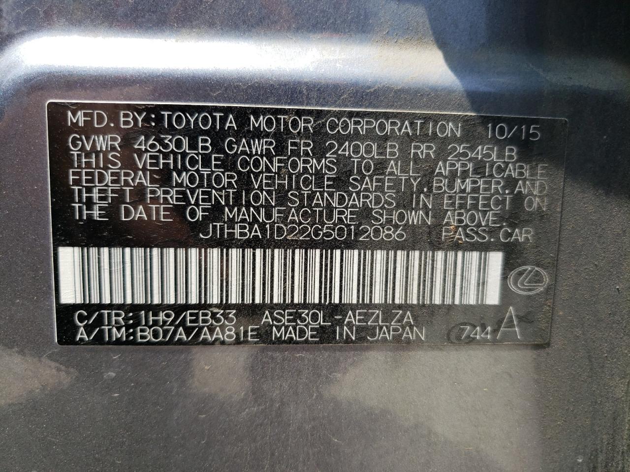 JTHBA1D22G5012086 2016 Lexus Is 200T