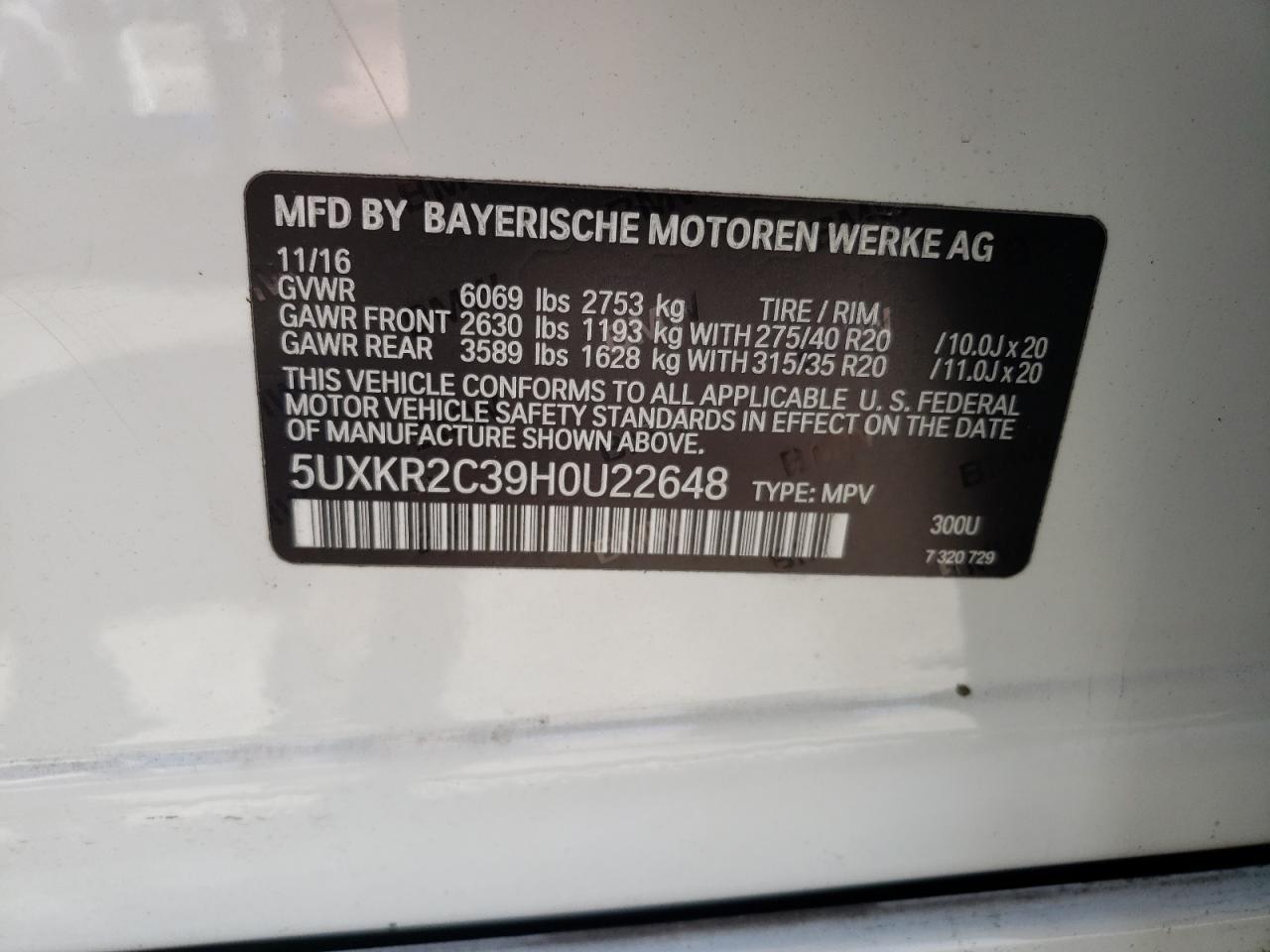 5UXKR2C39H0U22648 2017 BMW X5 Sdrive35I