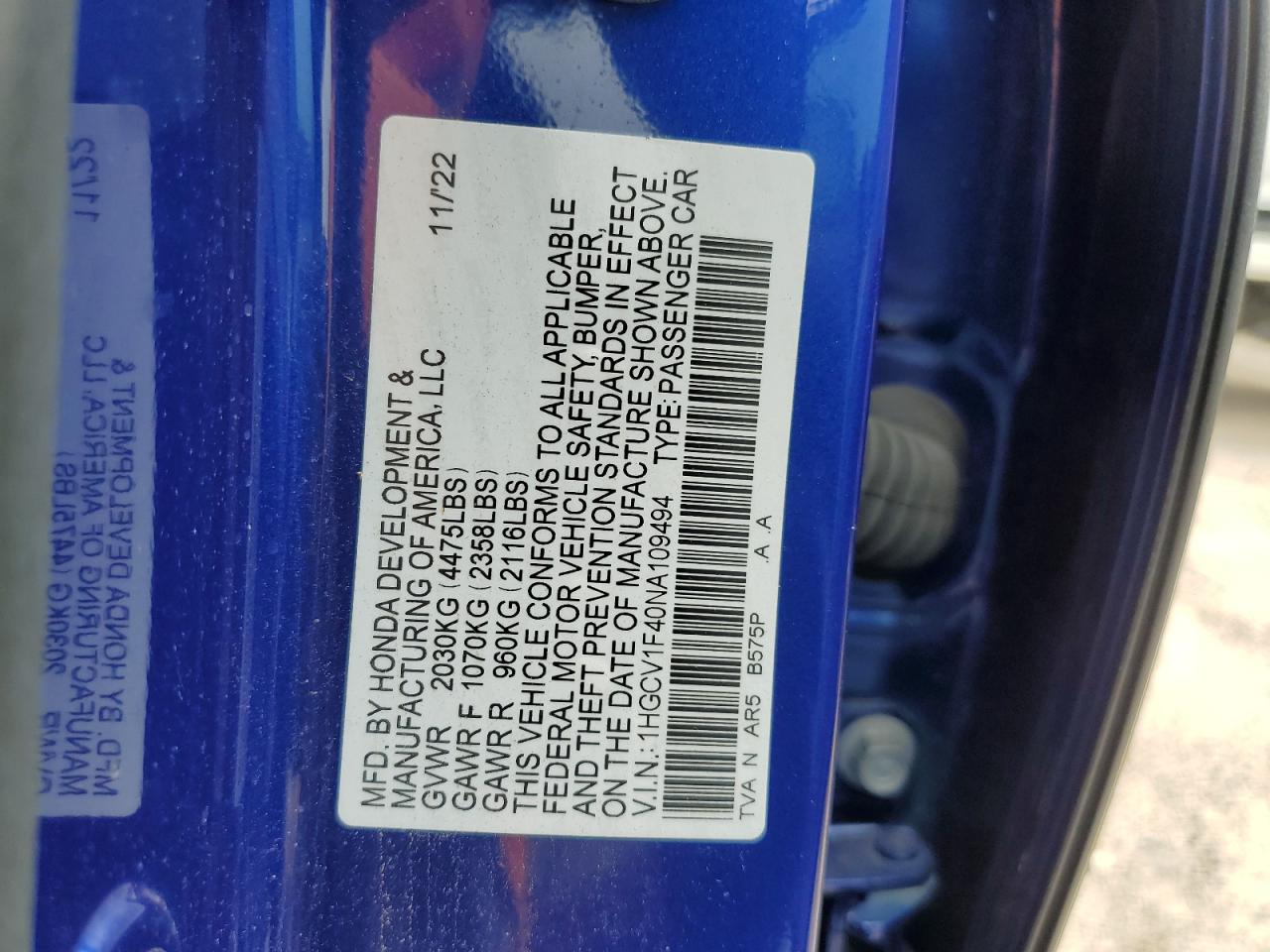 1HGCV1F40NA109494 2022 Honda Accord Sport Se