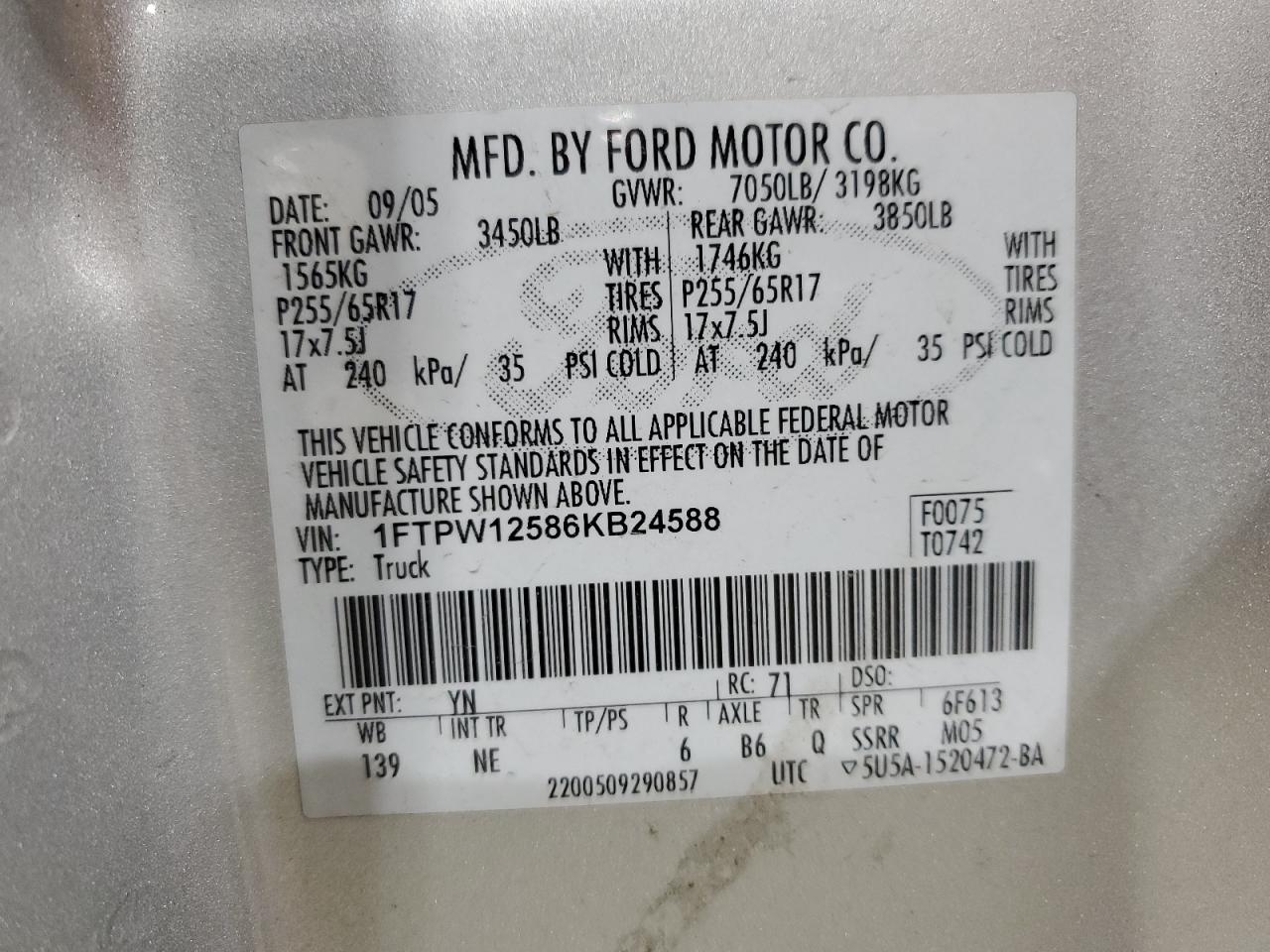 1FTPW12586KB24588 2006 Ford F150 Supercrew