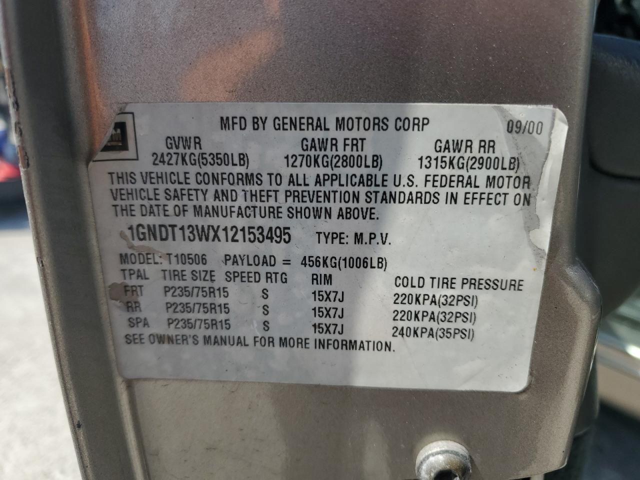 1GNDT13WX12153495 2001 Chevrolet Blazer