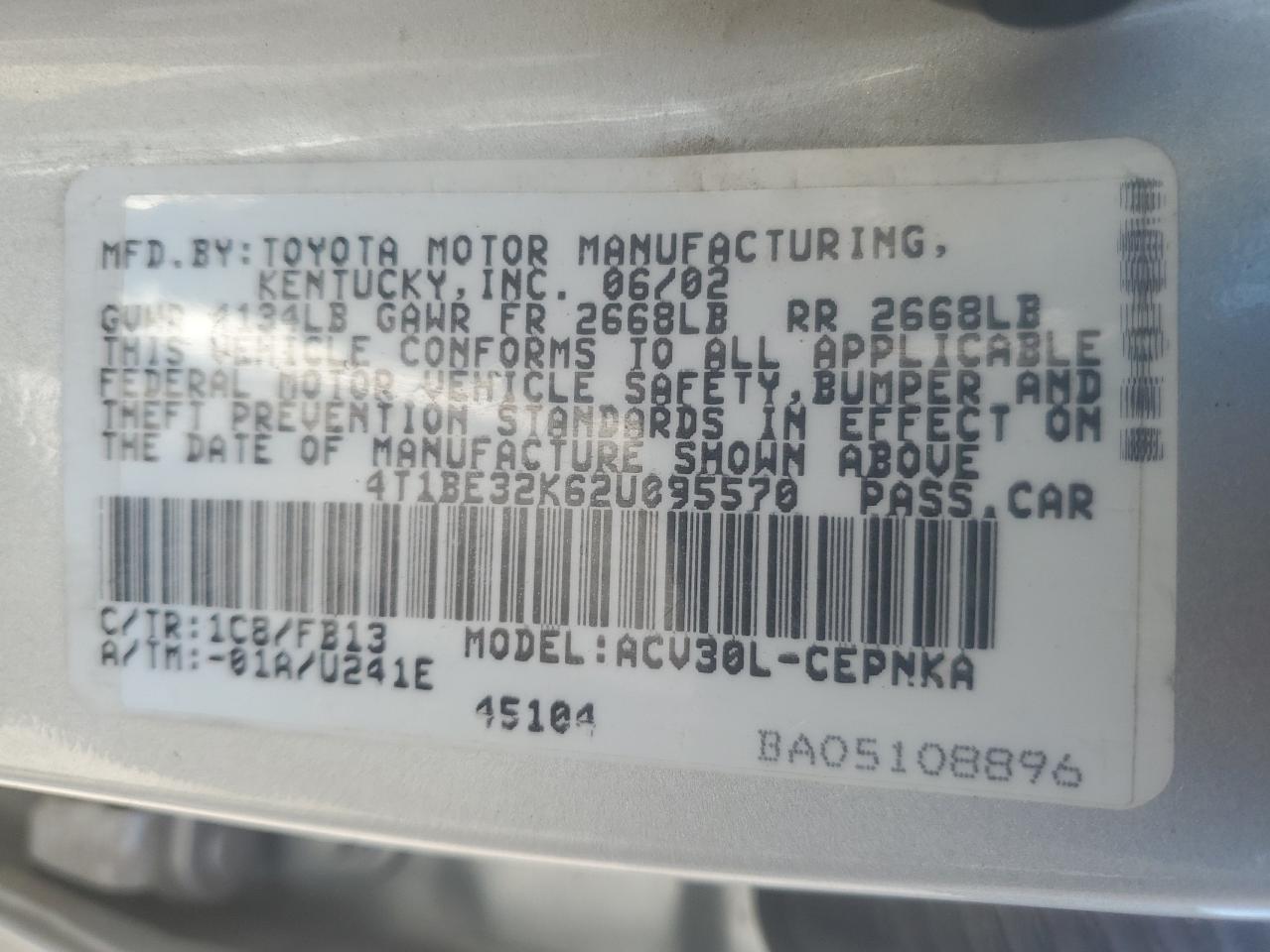 4T1BE32K62U095570 2002 Toyota Camry Le