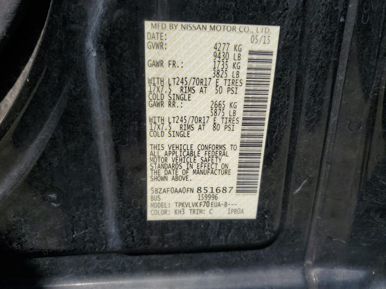 5BZAF0AA0FN851687 2015 Nissan Nv 3500 S