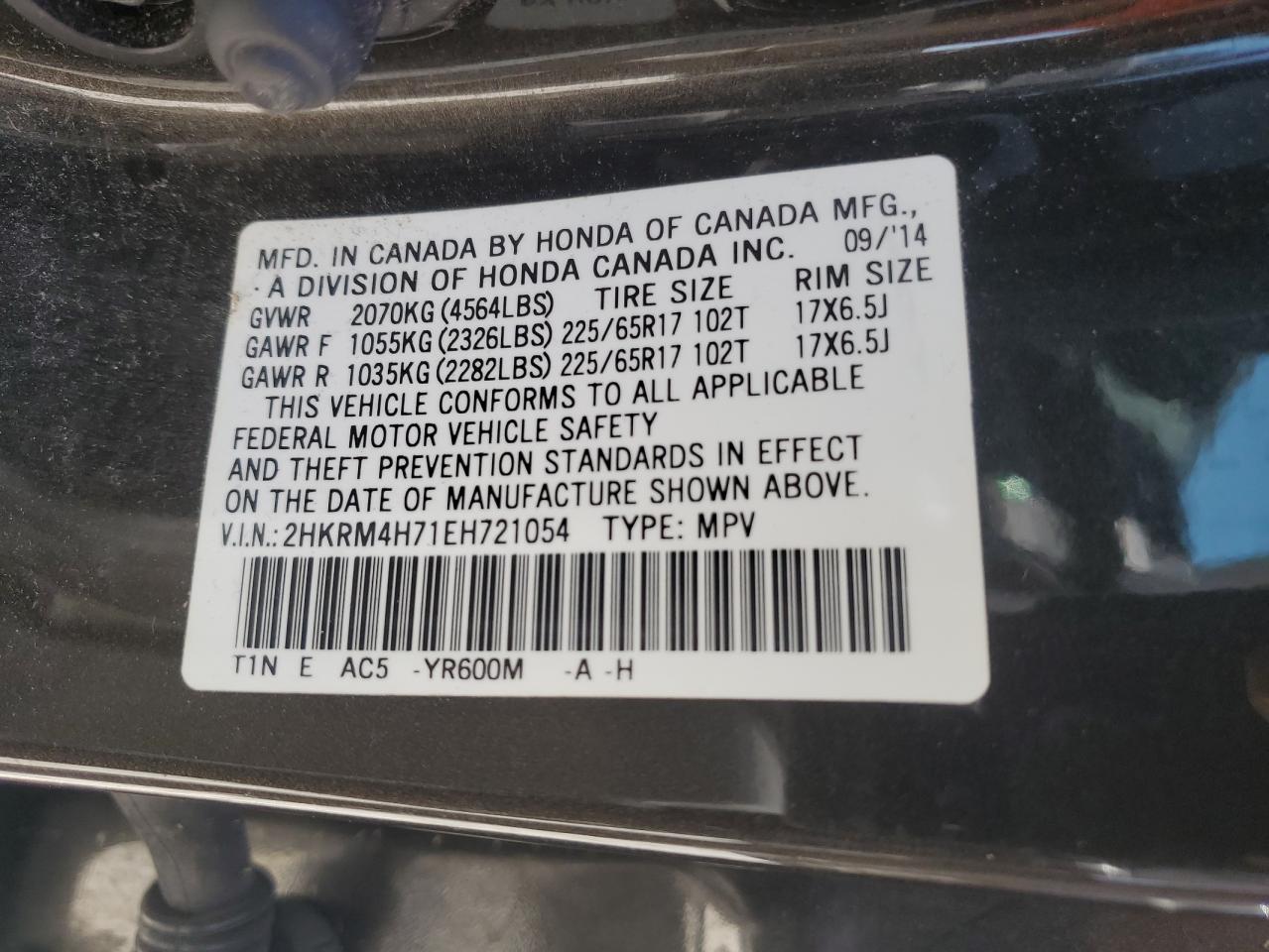 2HKRM4H71EH721054 2014 Honda Cr-V Exl