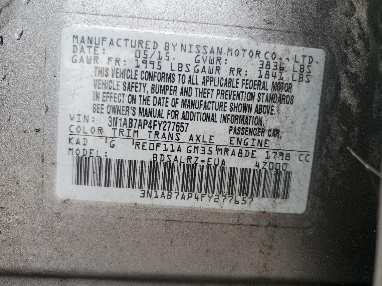 3N1AB7AP4FY277657 2015 Nissan Sentra S