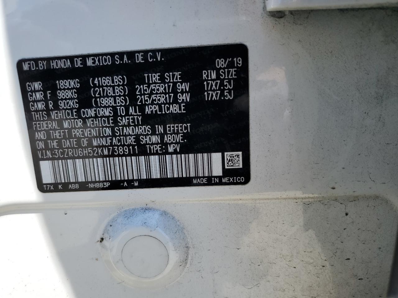 3CZRU6H52KM738911 2019 Honda Hr-V Ex