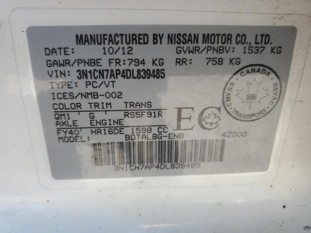 2013 Nissan Versa S VIN: 3N1CN7AP4DL839485 Lot: 57213694