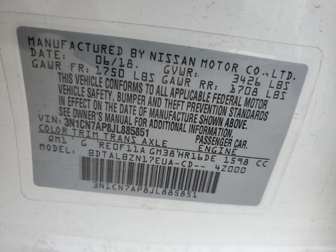 3N1CN7AP8JL885851 2018 Nissan Versa S