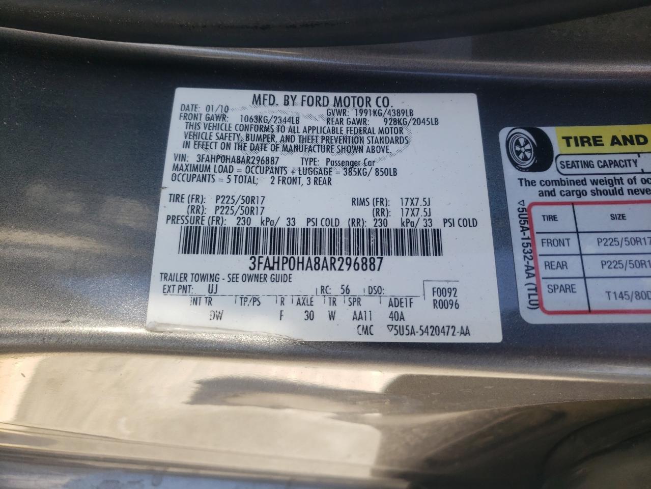 3FAHP0HA8AR296887 2010 Ford Fusion Se