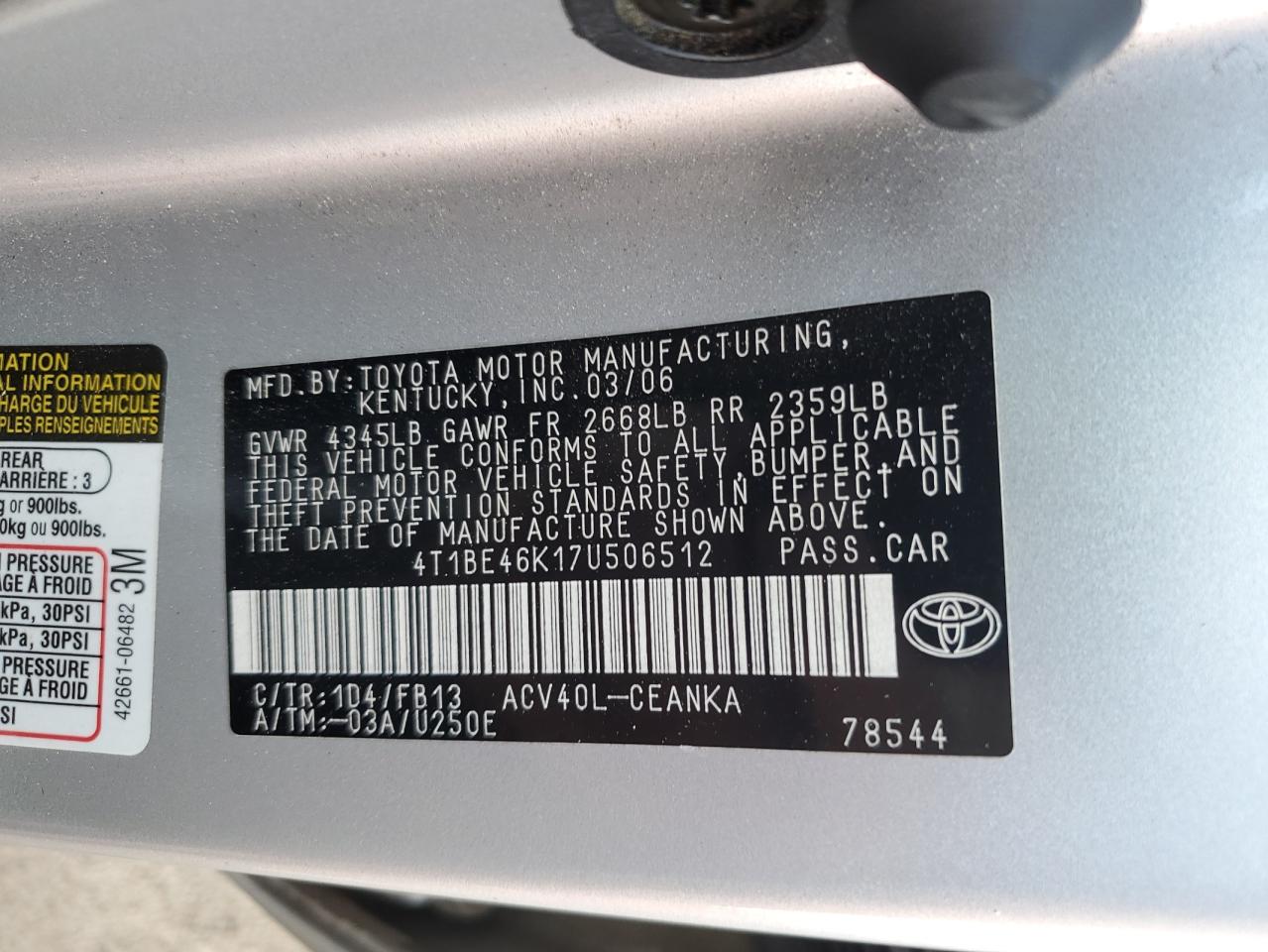 4T1BE46K17U506512 2007 Toyota Camry Ce