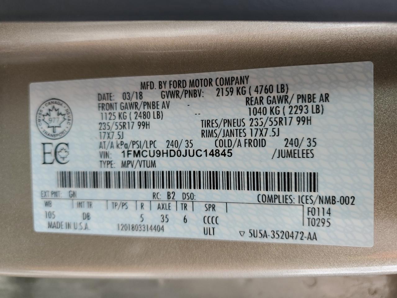 1FMCU9HD0JUC14845 2018 Ford Escape Sel