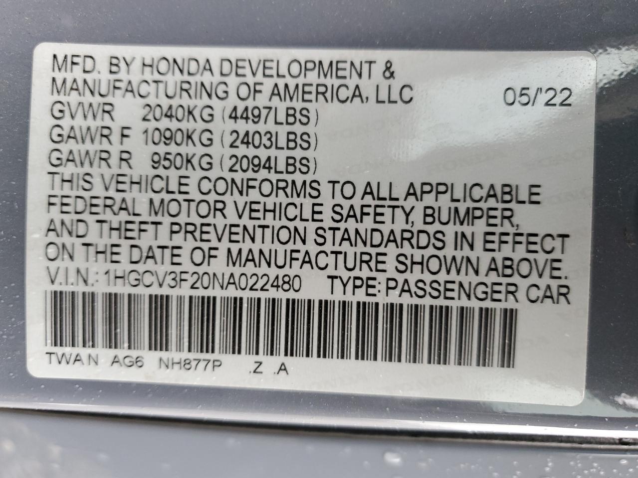 1HGCV3F20NA022480 2022 Honda Accord Hybrid Sport