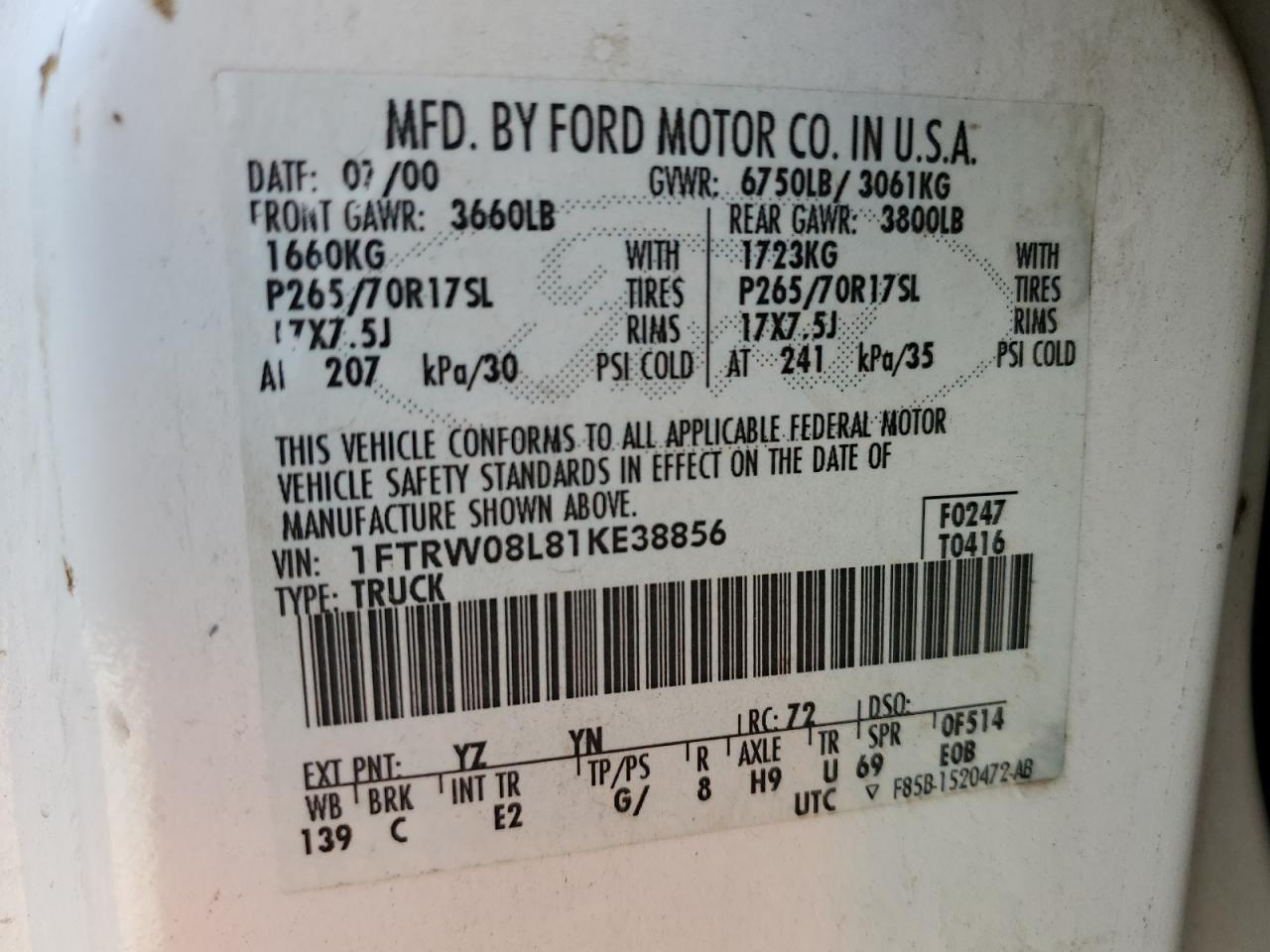 1FTRW08L81KE38856 2001 Ford F150 Supercrew