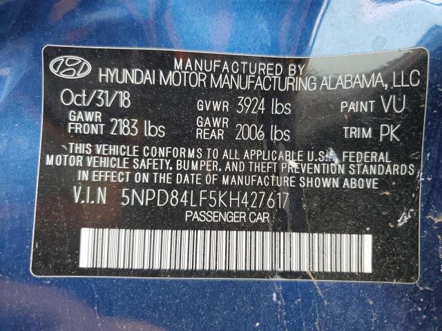 2019 Hyundai Elantra Sel VIN: 5NPD84LF5KH427617 Lot: 53942164